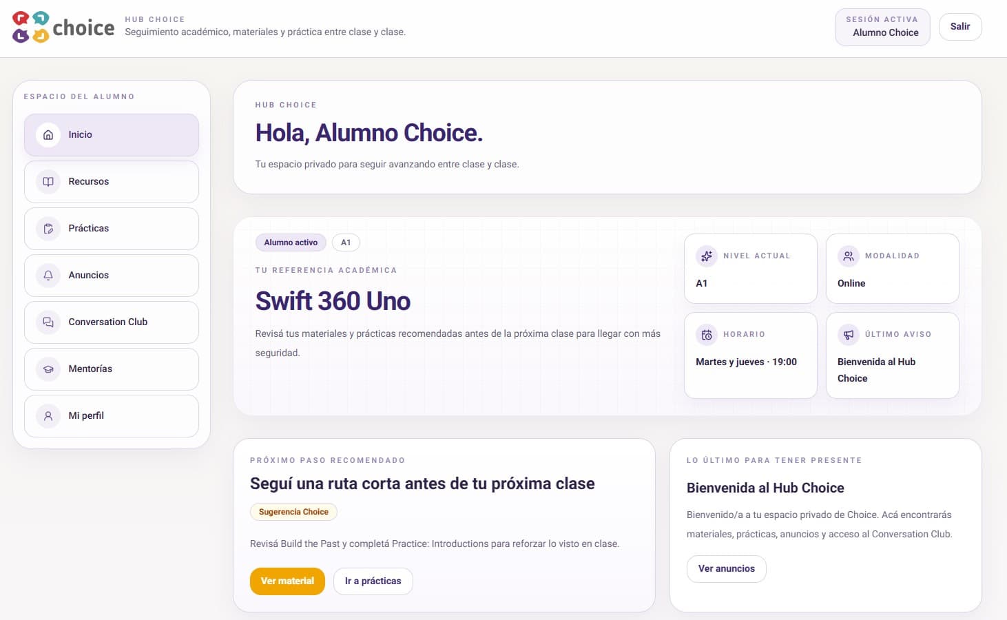 Vista de alumno dentro de Choice Hub