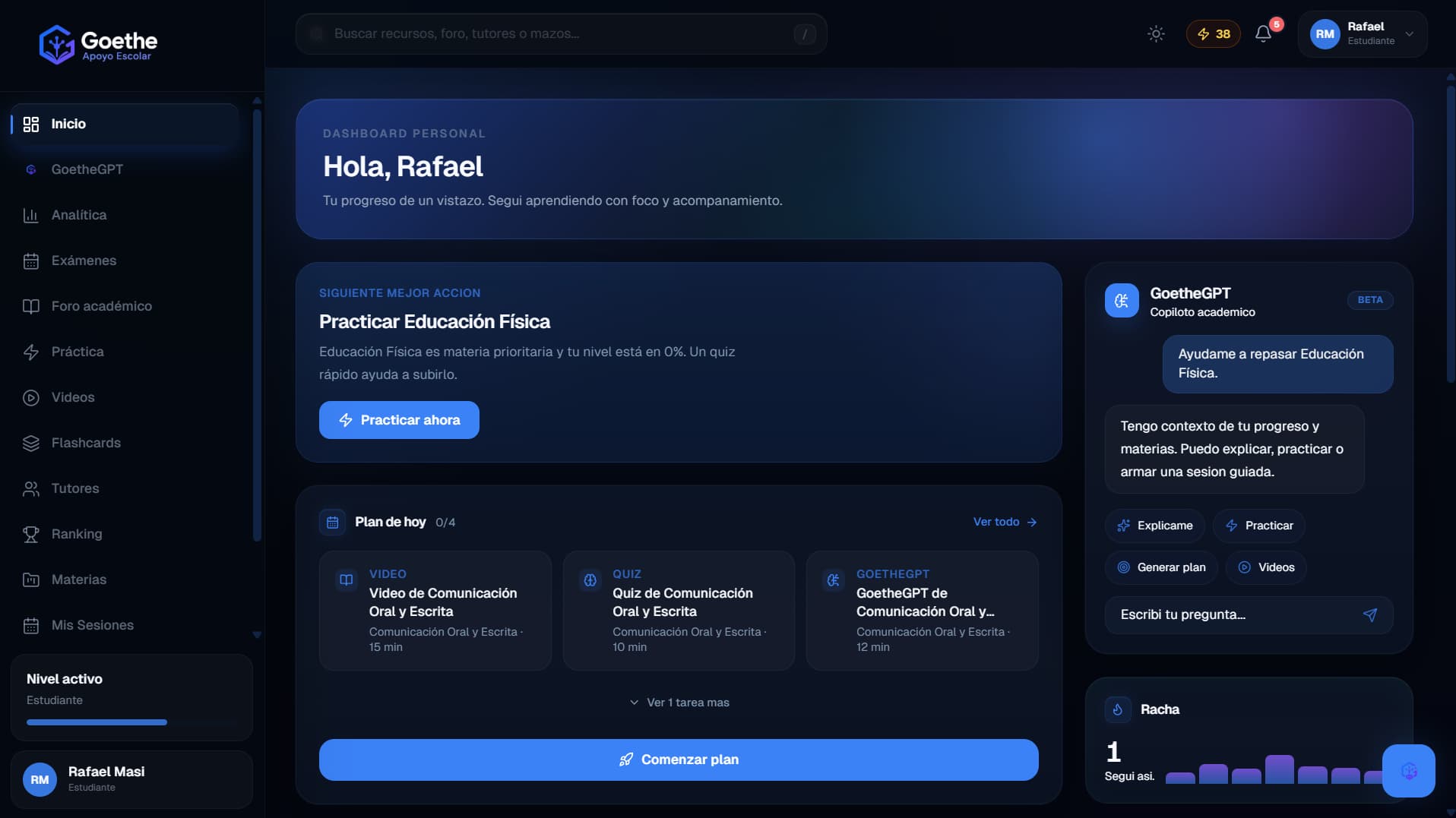 Dashboard de Apoyo Escolar con progreso académico, recursos e inteligencia artificial educativa