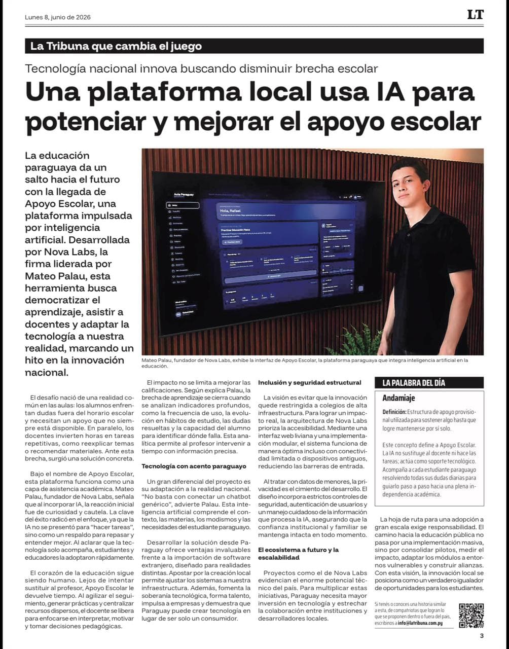 Artículo de La Tribuna sobre Apoyo Escolar, plataforma paraguaya de inteligencia artificial desarrollada por Nova Labs